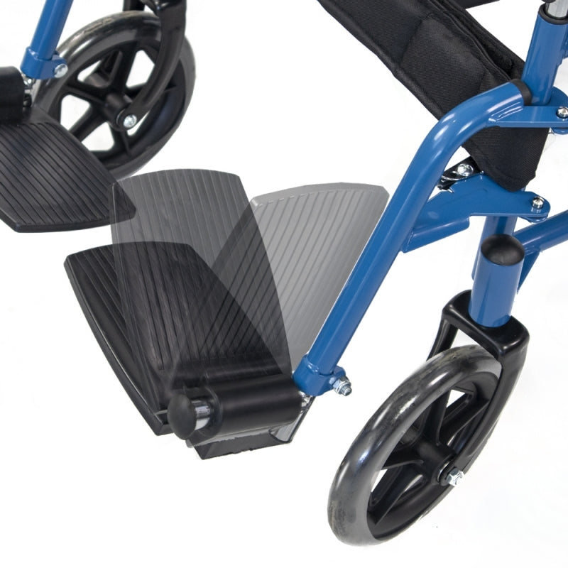 Fauteuil roulant pliant à grandes roues amovibles coloris bleu